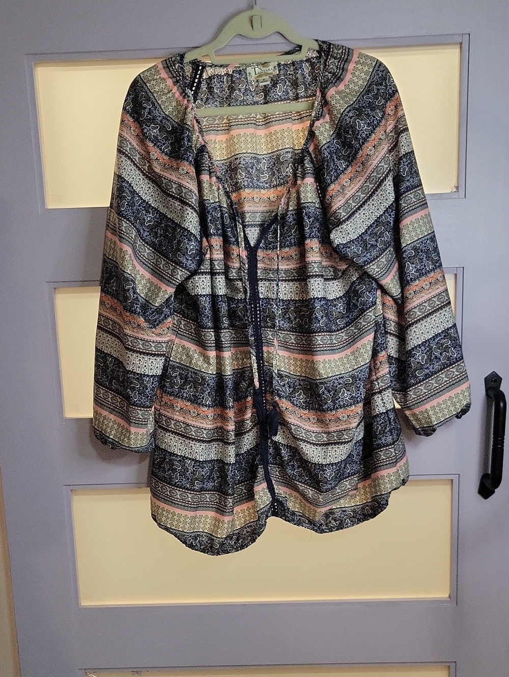 Striped Boho Peasant Tunic in Navy, Coral & Cream - Tanzara